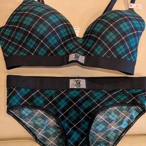 Victoria's Secret Teal and Black Plaid Bra and Panty Set